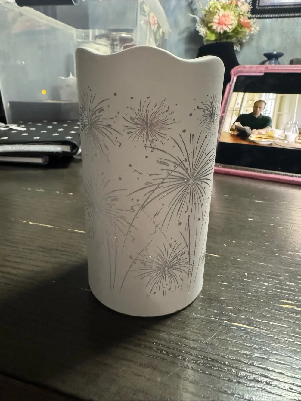 Source Unknown White Ceramic Vase with Silver Firework Motif